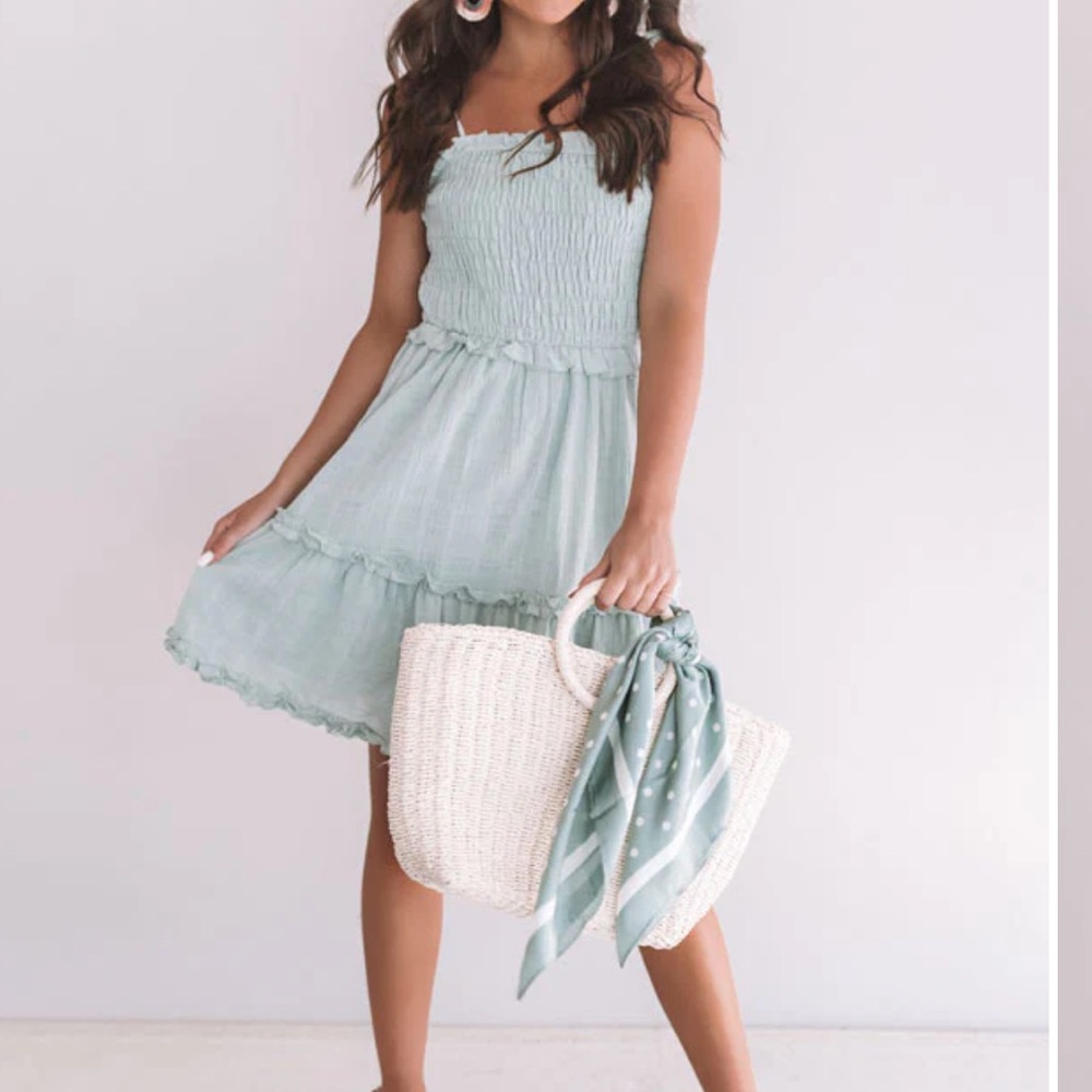 Smocked Babydoll Ruffle Mini Dress in Aqua/Mint Green